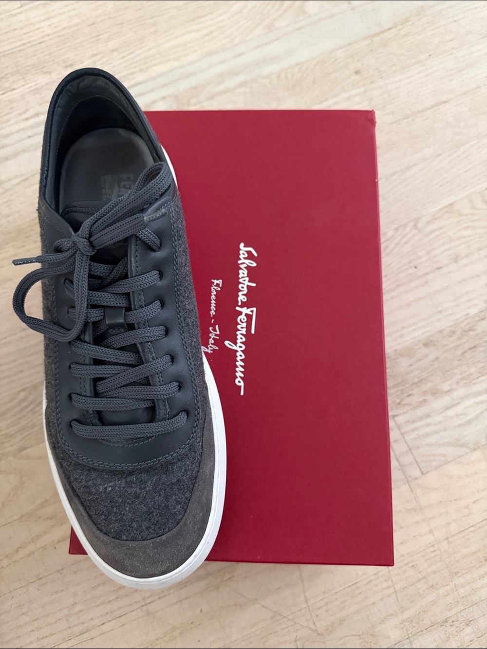 Salvatore Ferragamo Men’s Gray Leather and Suede Sneaker with White Sole